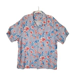 Tommy Bahama Men XL Tropical Hibiscus Floral Camp Shirt Purple Blue Short Sleeve